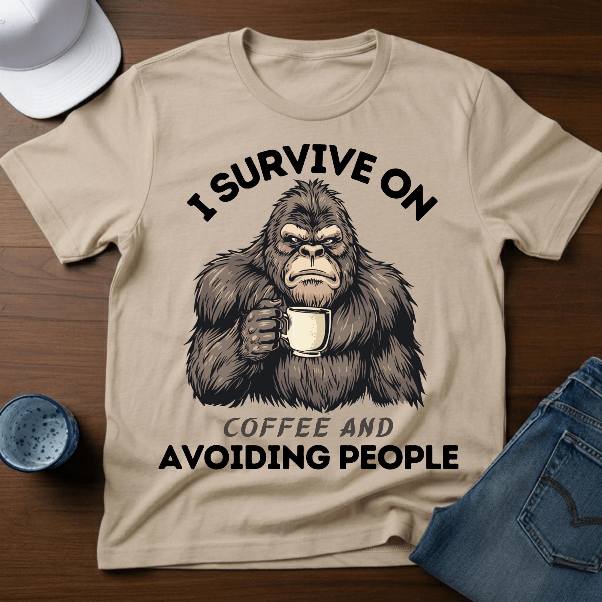 I Survive on Coffee And Avoiding People T-Shirt - Funny Bigfoot Coffee Tee - Deadpan Outdoors Co.