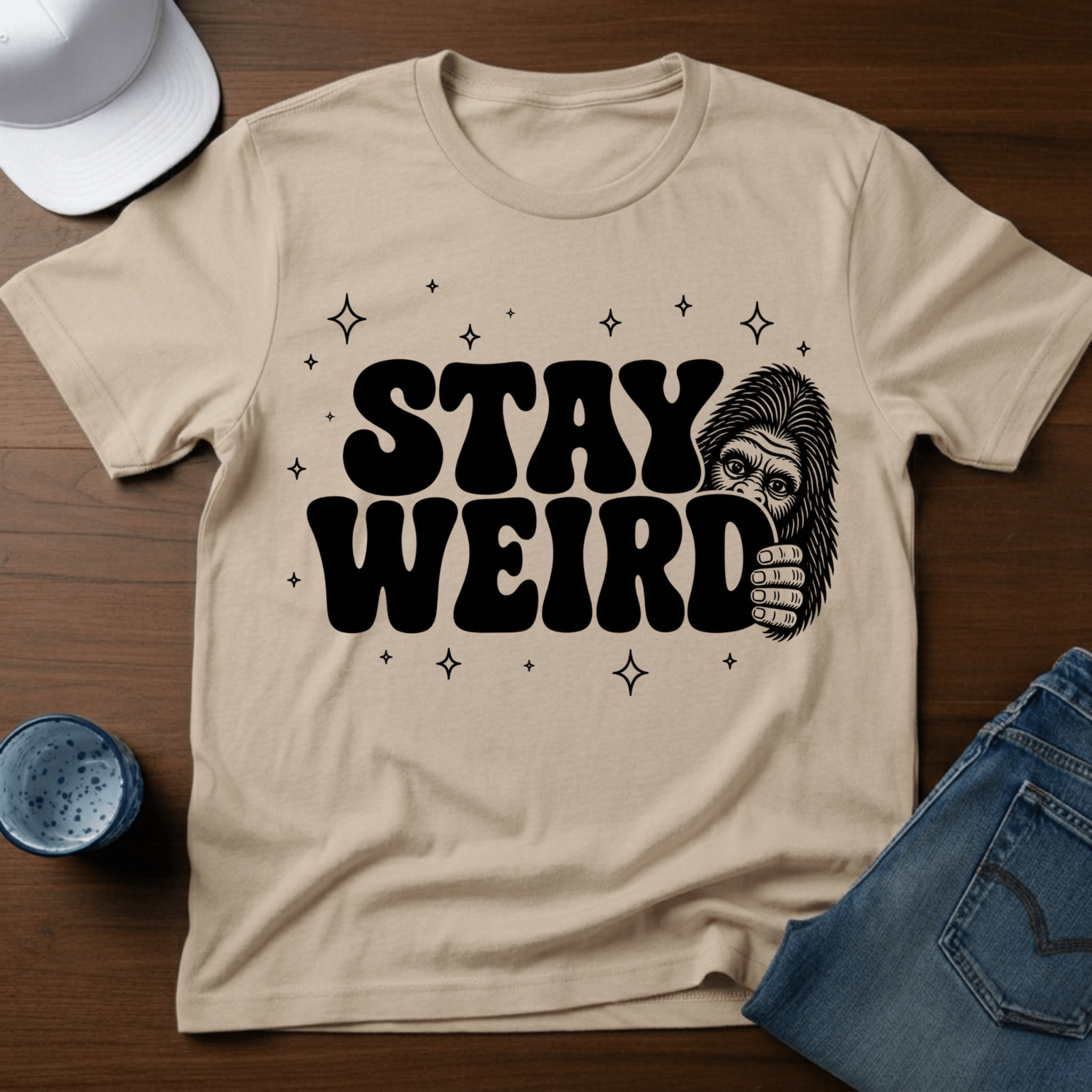 Stay Weird T-Shirt - Bigfoot Humor Tee - Deadpan Outdoors Co.
