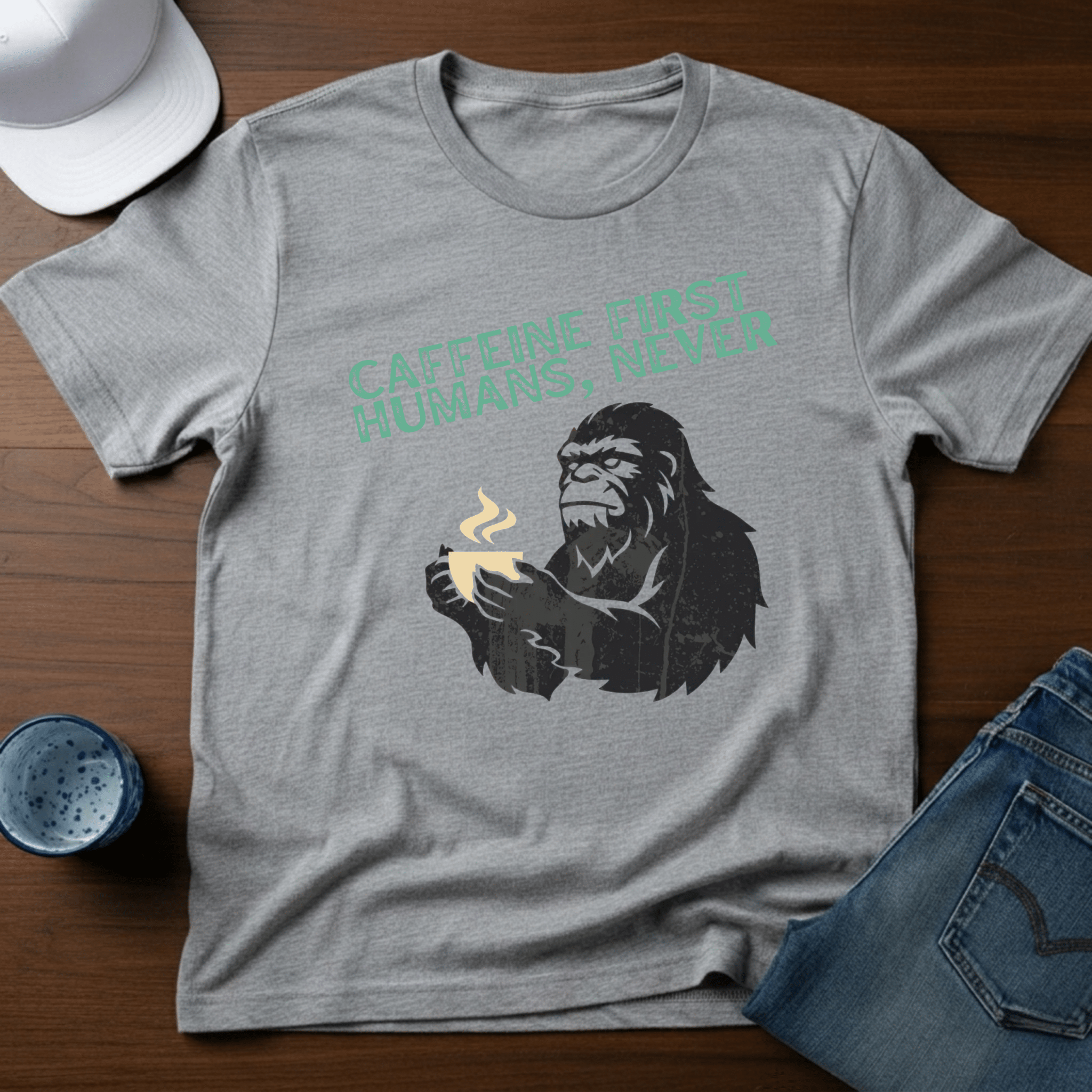 Caffeine First Humans, Never T-Shirt - Deadpan Outdoors Co.
