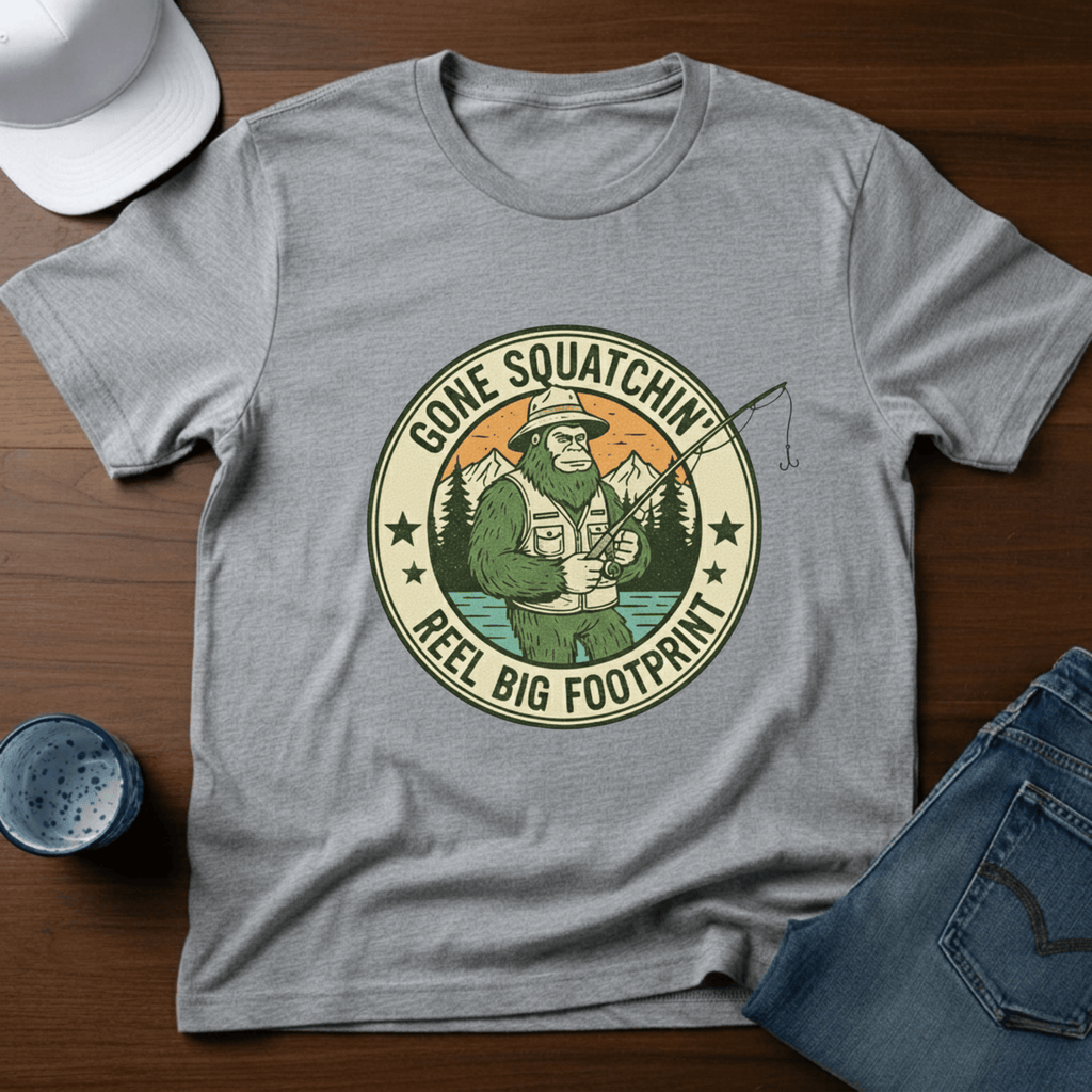 Gone Squatchin' Reel Big Footprint T-Shirt - Deadpan Outdoors Co.