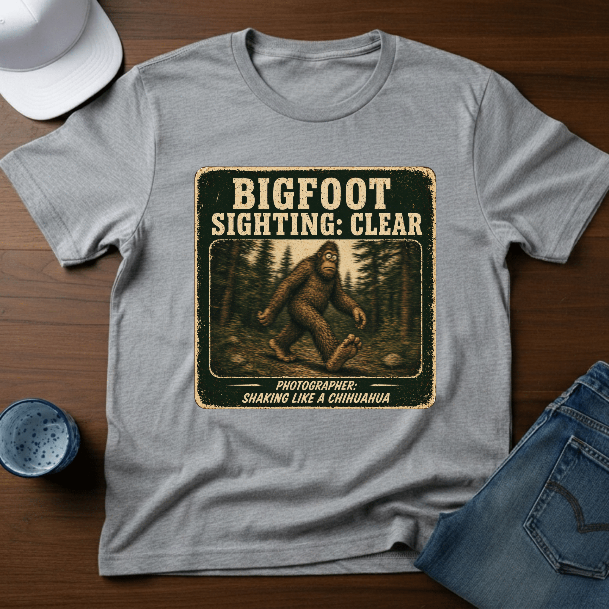 Bigfoot Sighting: Clear - Photographer: Shaking Like A Chihuahua T-Shirt - Deadpan Outdoors Co.