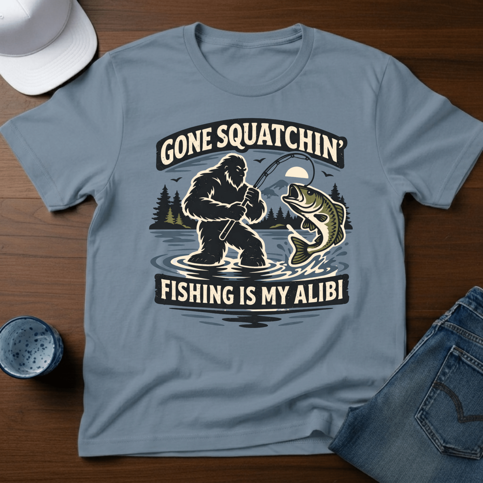 Gone Squatchin' Fishing is My Alibi T-Shirt - Deadpan Outdoors Co.