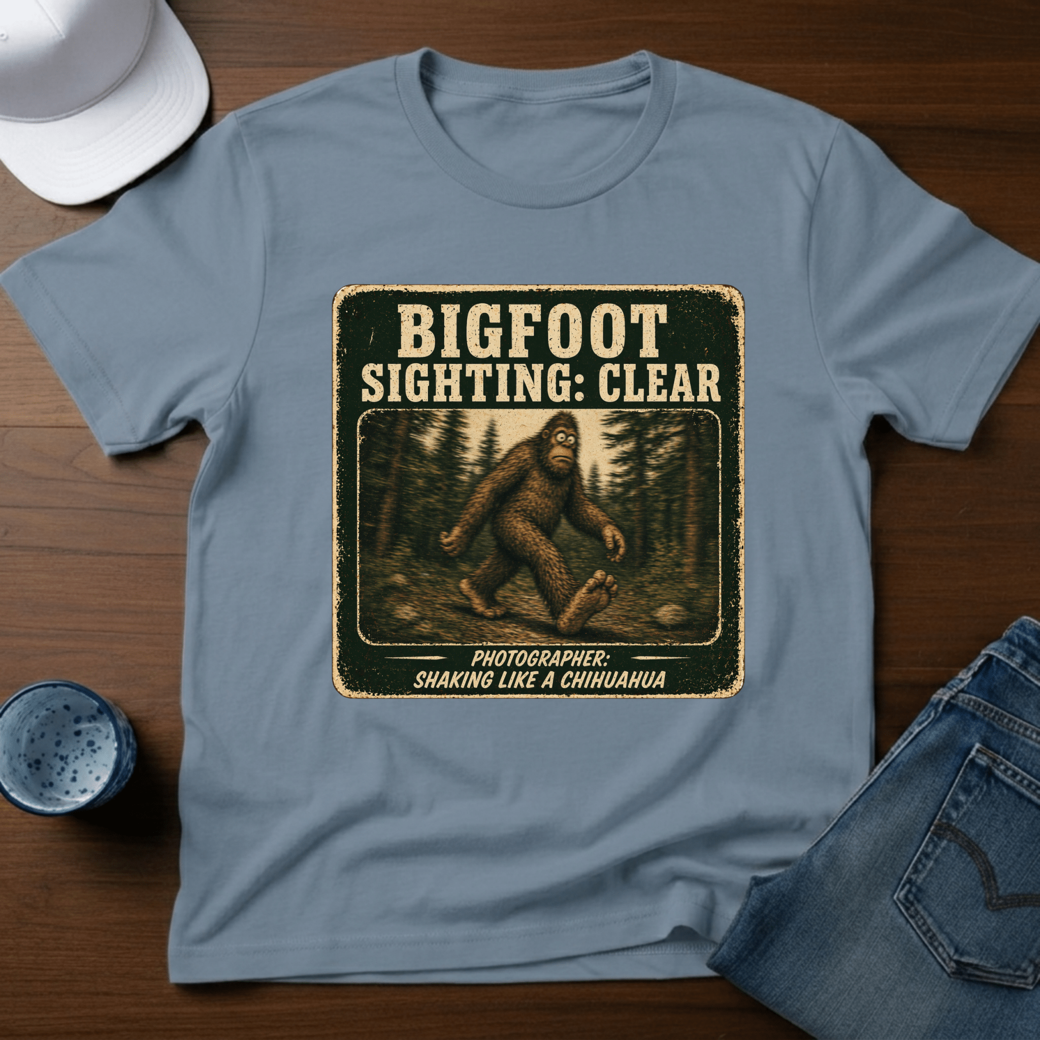 Bigfoot Sighting: Clear - Photographer: Shaking Like A Chihuahua T-Shirt - Deadpan Outdoors Co.