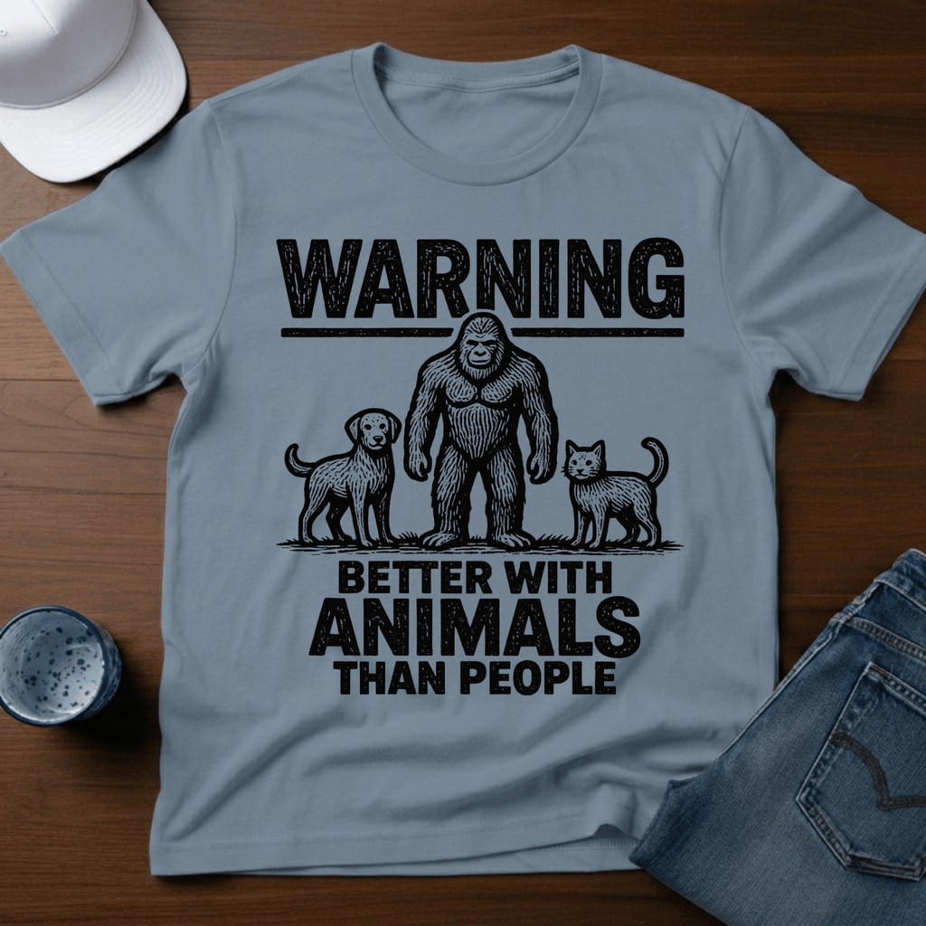 Warning - Better With Animals Than People T-Shirt - Outdoor Bigfoot Tee - Deadpan Outdoors Co.