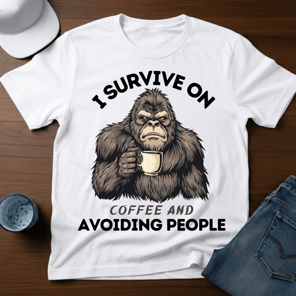 I Survive on Coffee And Avoiding People T-Shirt - Funny Bigfoot Coffee Tee - Deadpan Outdoors Co.