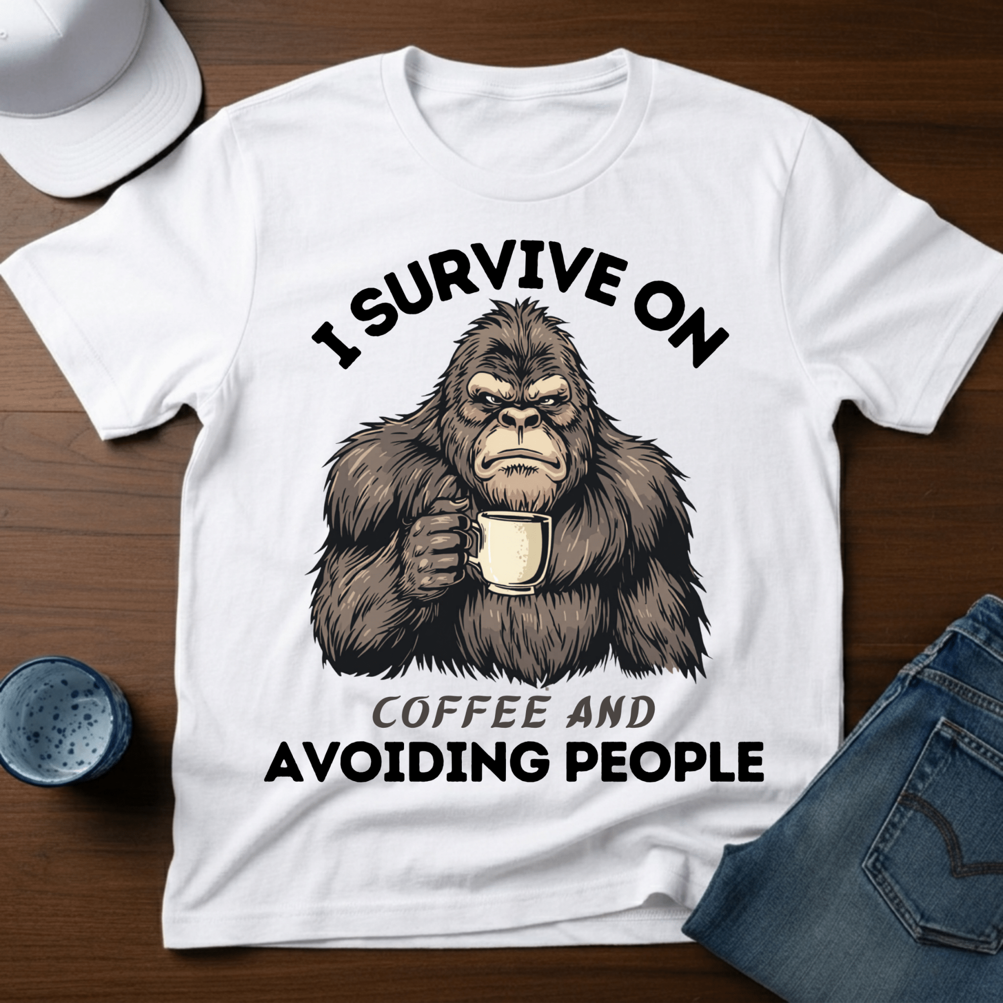 I Survive on Coffee And Avoiding People T-Shirt - Funny Bigfoot Coffee Tee - Deadpan Outdoors Co.