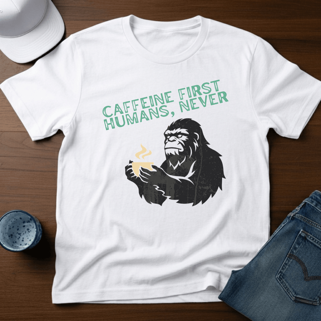 Caffeine First Humans, Never T-Shirt - Deadpan Outdoors Co.