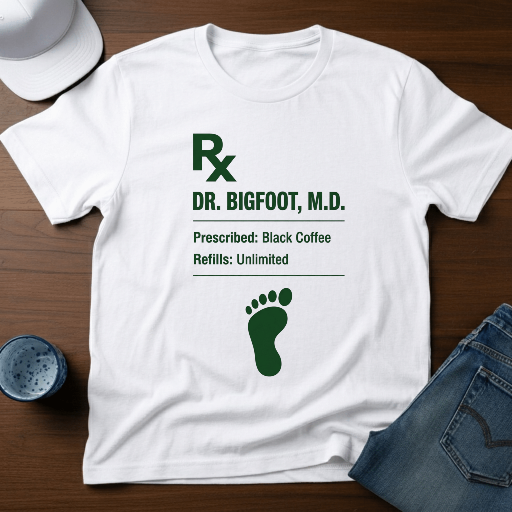 Dr. Bigfoot Prescription: Black Coffee Refills: Unlimited T-Shirt - Deadpan Outdoors Co.
