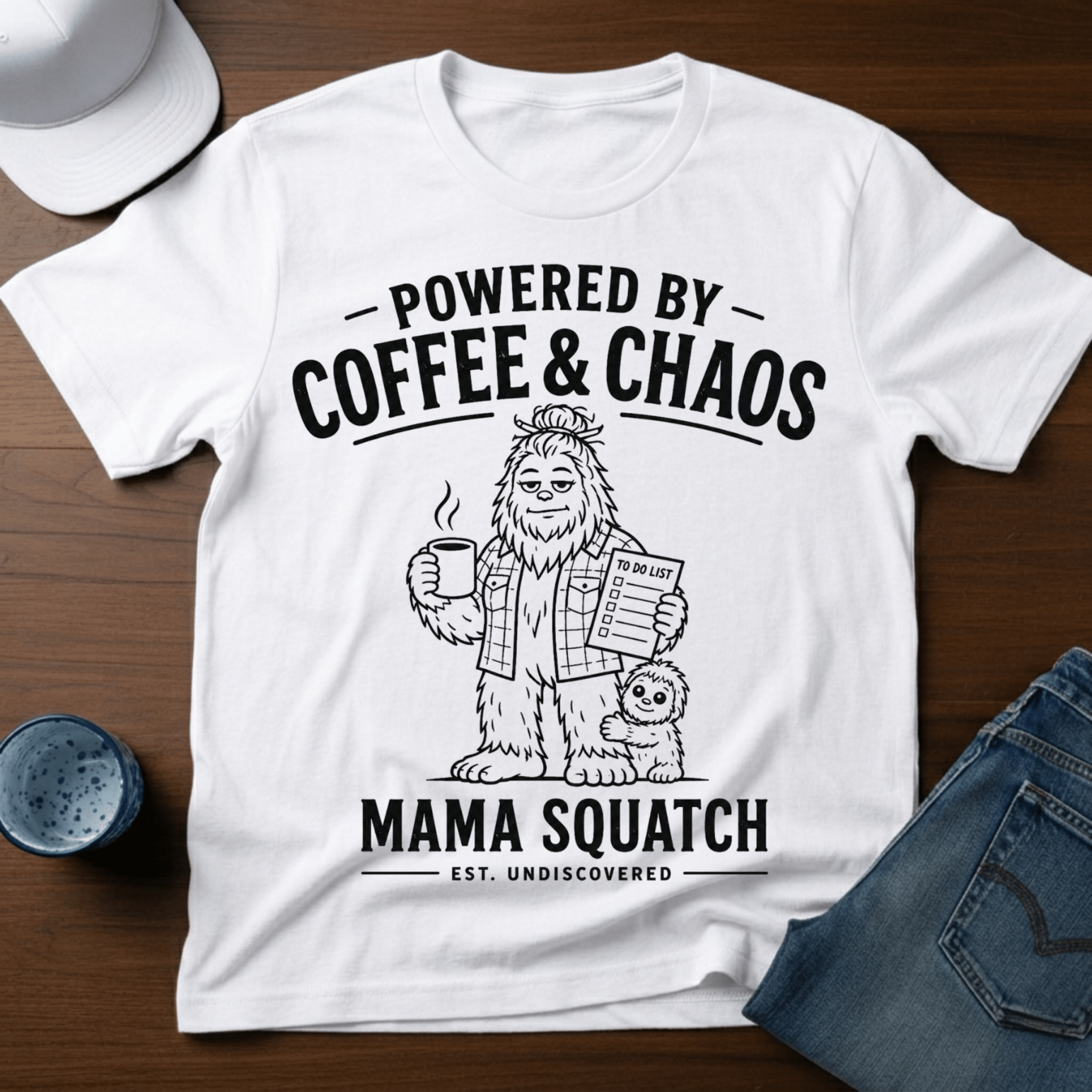 Powered By Coffee & Chaos - Mama Squatch T-Shirt - Deadpan Outdoors Co.
