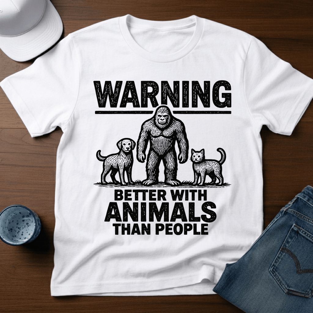 Warning - Better With Animals Than People T-Shirt - Outdoor Bigfoot Tee - Deadpan Outdoors Co.