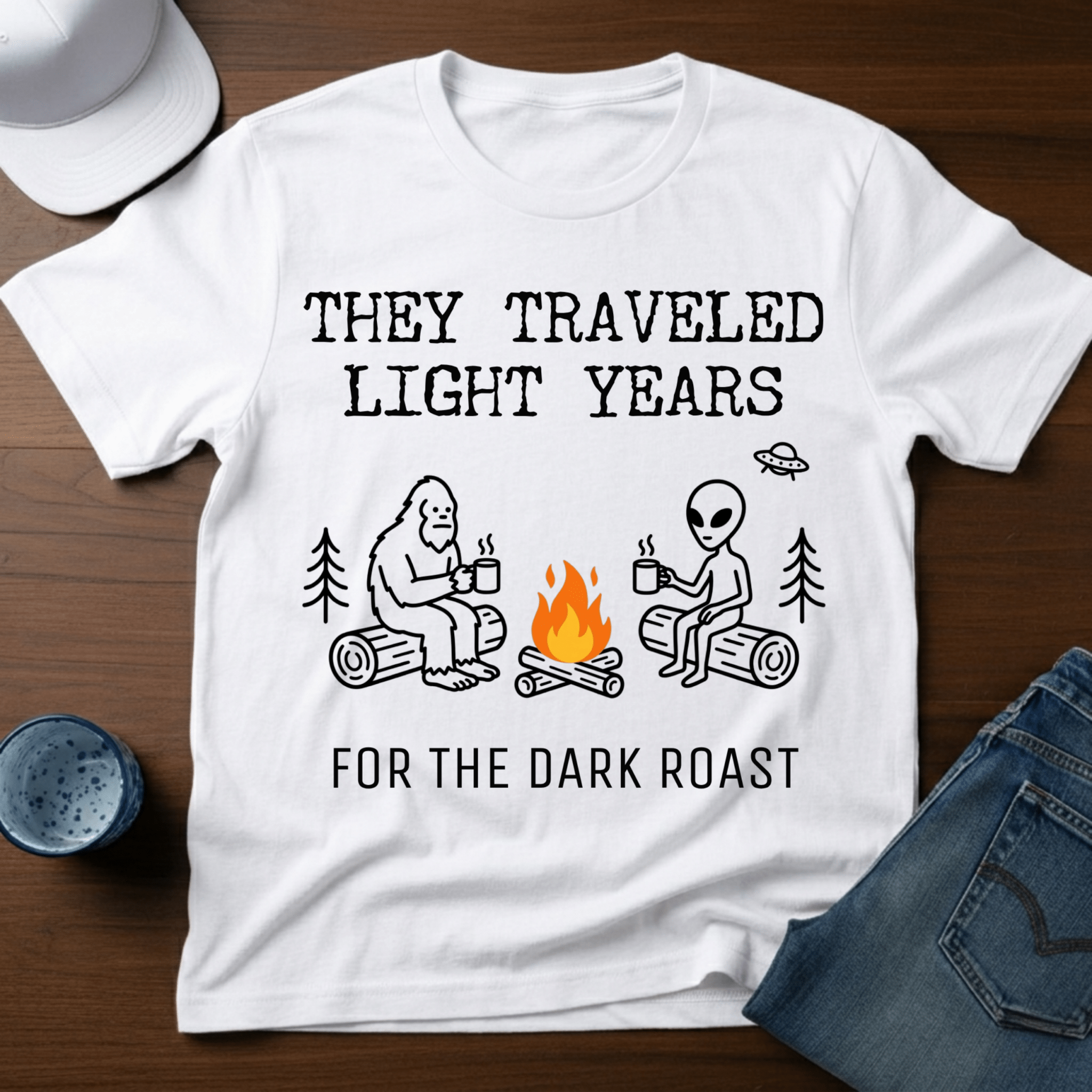 They Traveled Light Years - For The Dark Roast T-Shirt - Deadpan Outdoors Co.