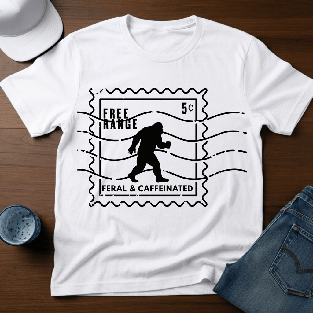 Free Range - Feral & Caffeinated - Bigfoot Stamp T-Shirt - Deadpan Outdoors Co.