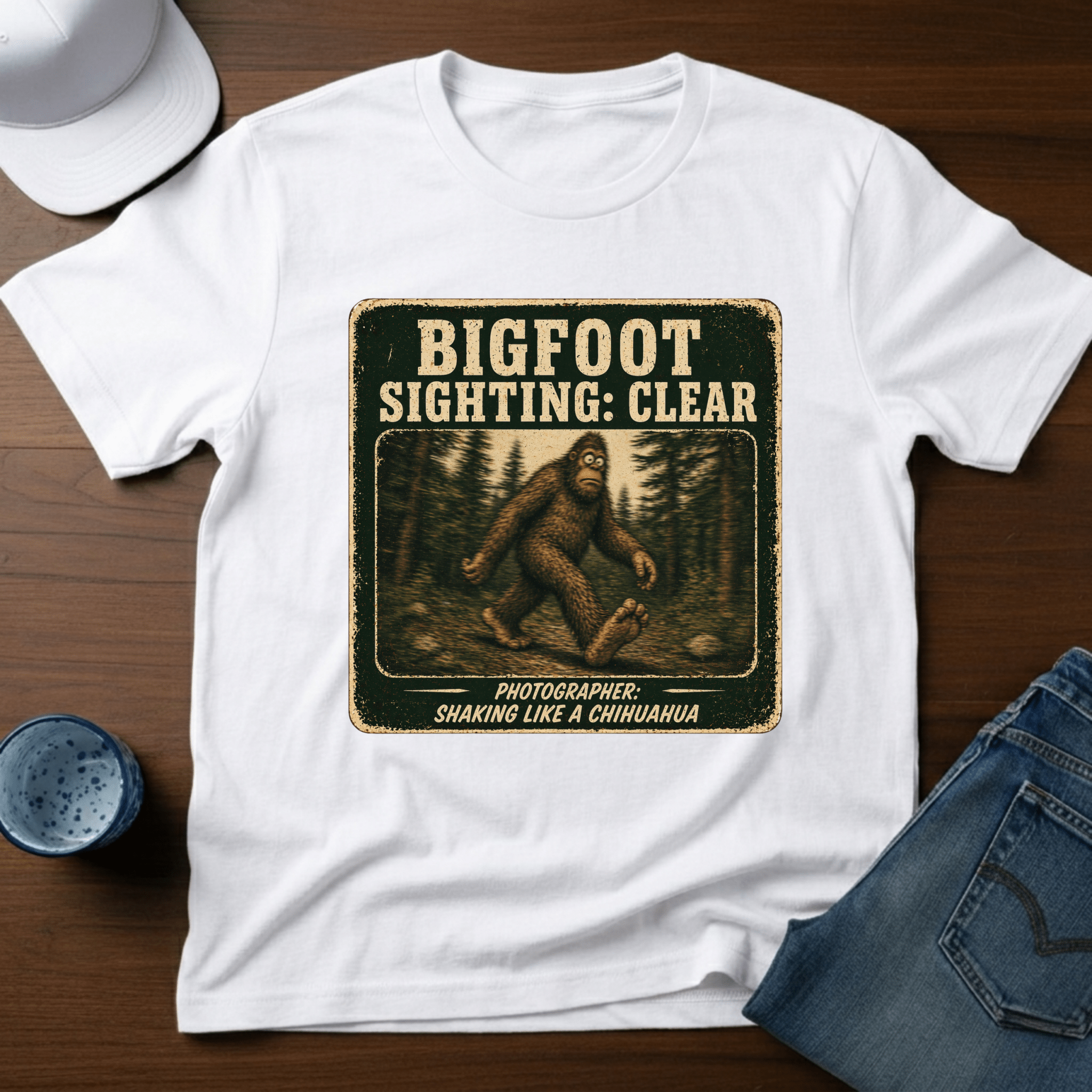Bigfoot Sighting: Clear - Photographer: Shaking Like A Chihuahua T-Shirt - Deadpan Outdoors Co.