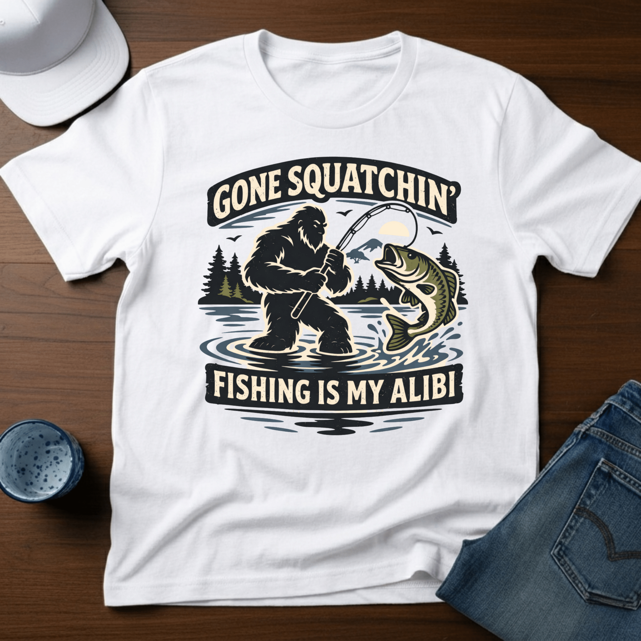 Gone Squatchin' Fishing is My Alibi T-Shirt - Deadpan Outdoors Co.
