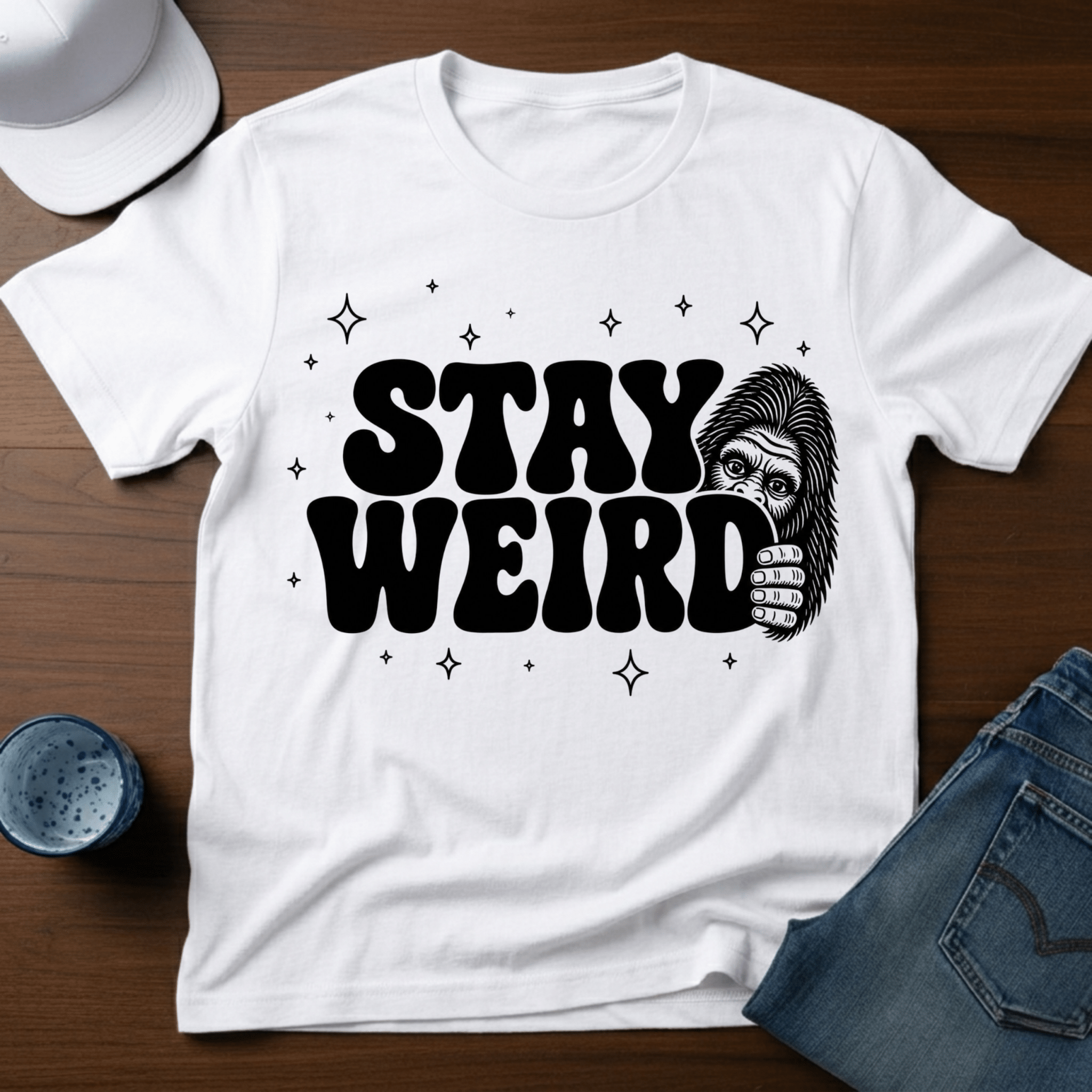 Stay Weird T-Shirt - Bigfoot Humor Tee - Deadpan Outdoors Co.