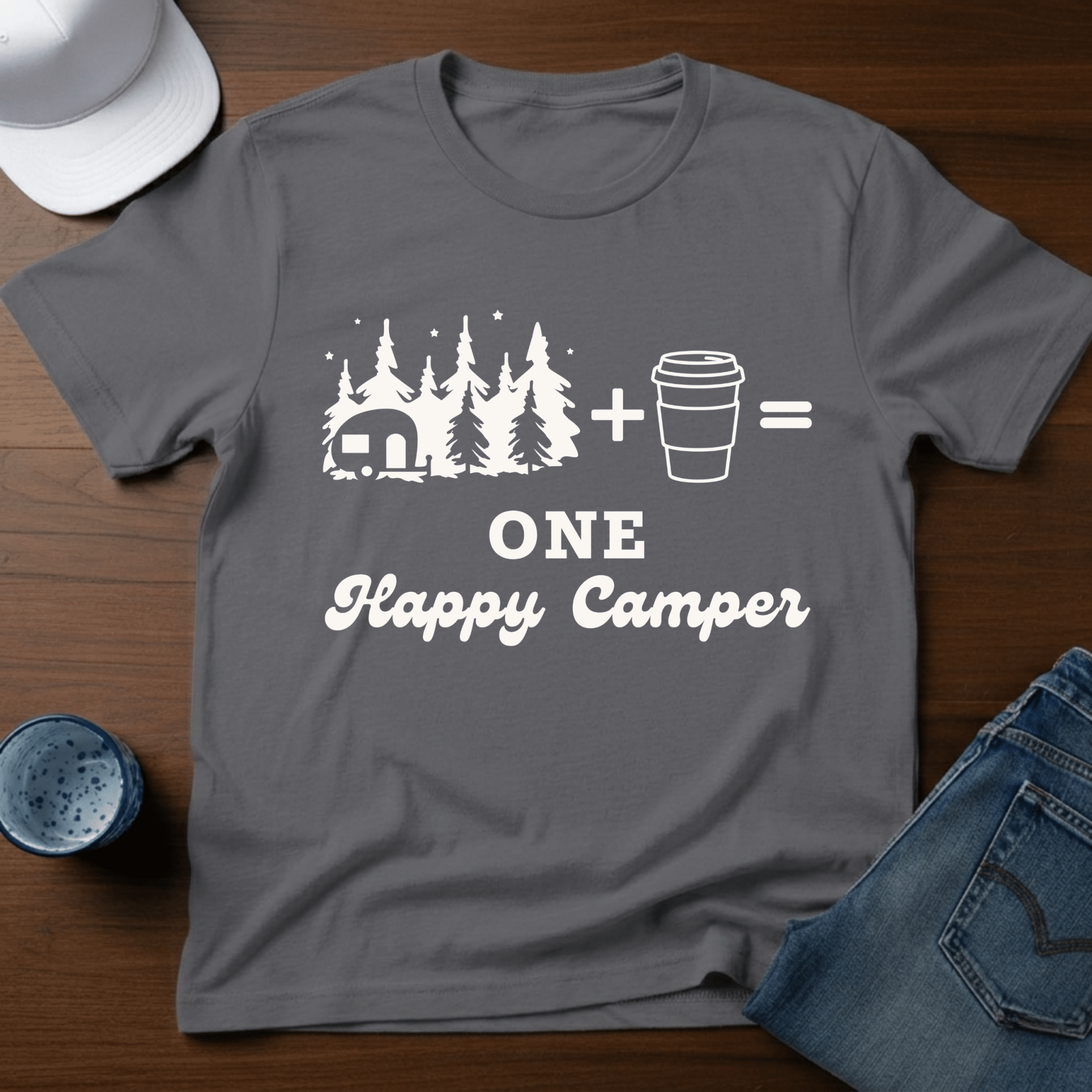 Trailer In Trees + Coffee=One Happy Camper T-Shirt - Deadpan Outdoors Co.