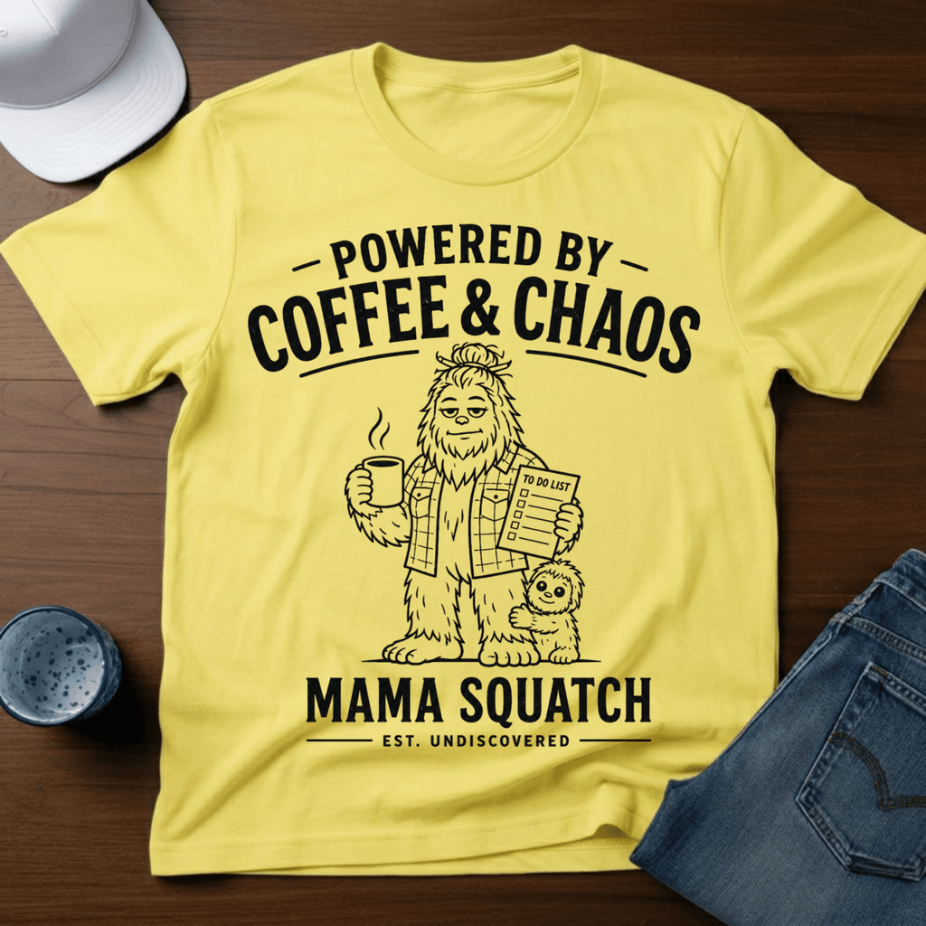 Powered By Coffee & Chaos - Mama Squatch T-Shirt - Deadpan Outdoors Co.