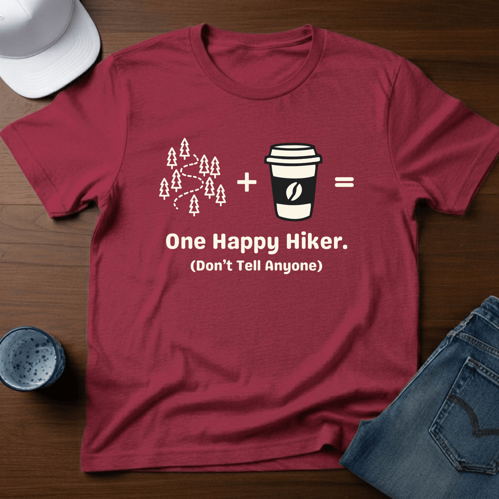 Hiking + Coffee=One Happy Hiker. - (Don't Tell Anyone) T-Shirt - Deadpan Outdoors Co.