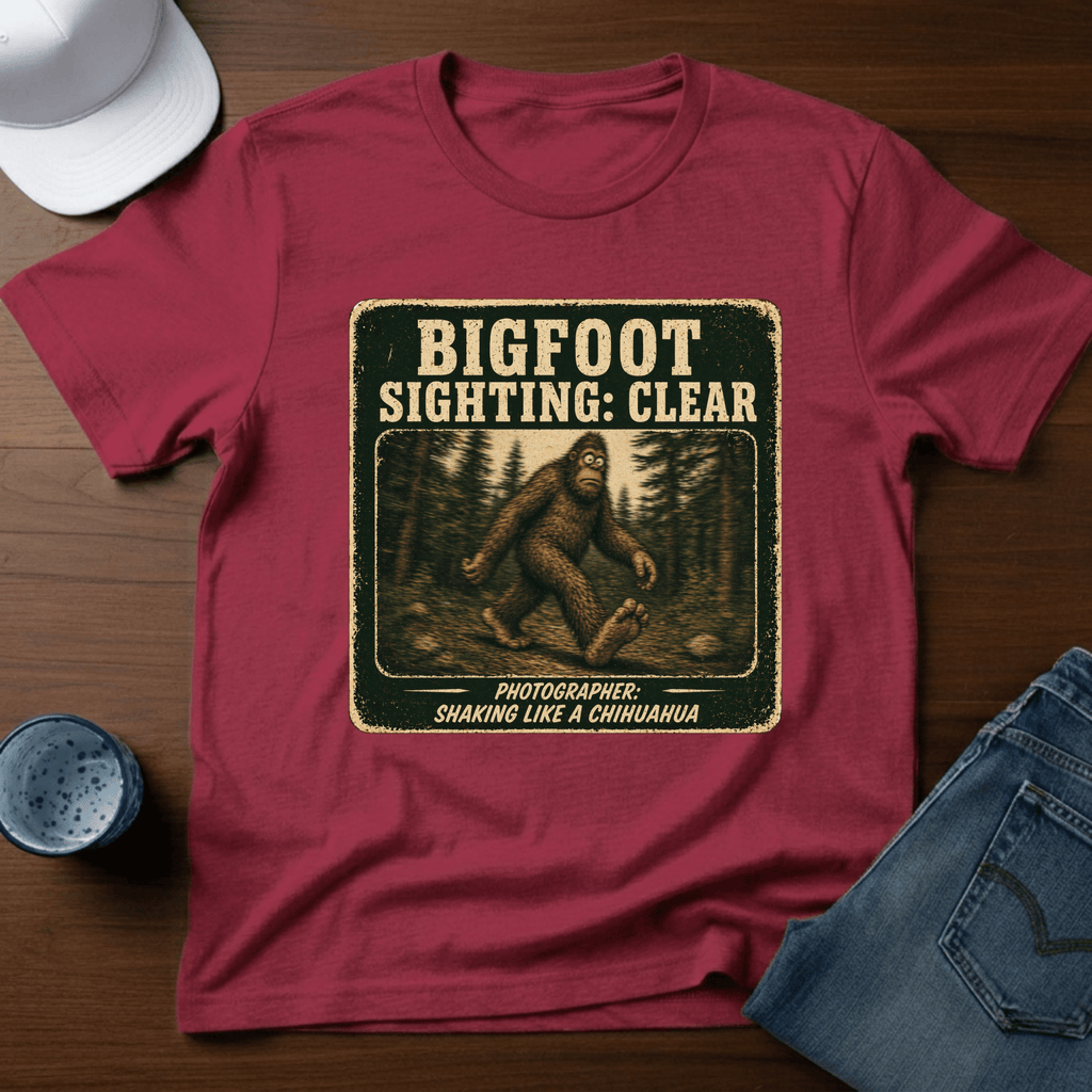 Bigfoot Sighting: Clear - Photographer: Shaking Like A Chihuahua T-Shirt - Deadpan Outdoors Co.