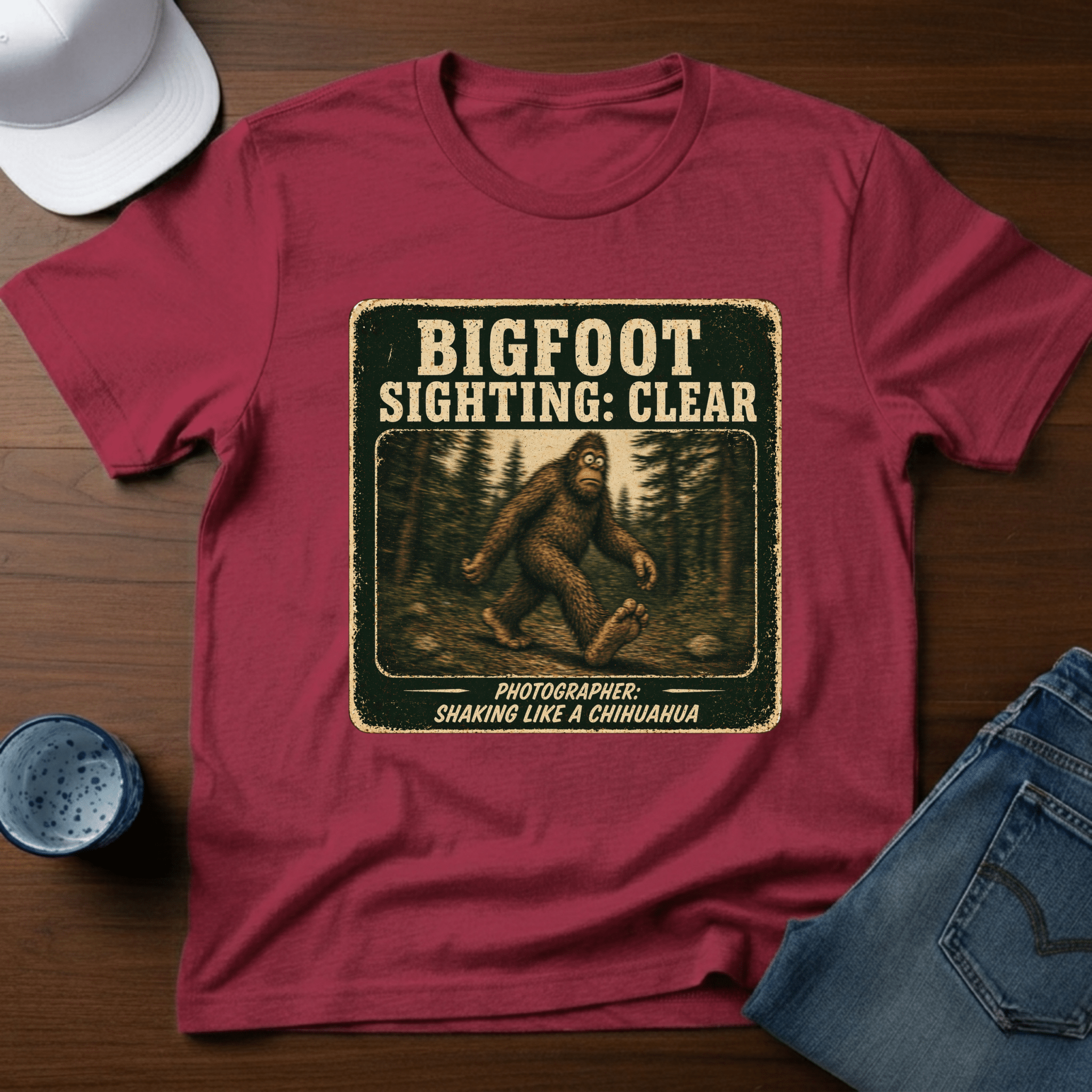 Bigfoot Sighting: Clear - Photographer: Shaking Like A Chihuahua T-Shirt - Deadpan Outdoors Co.
