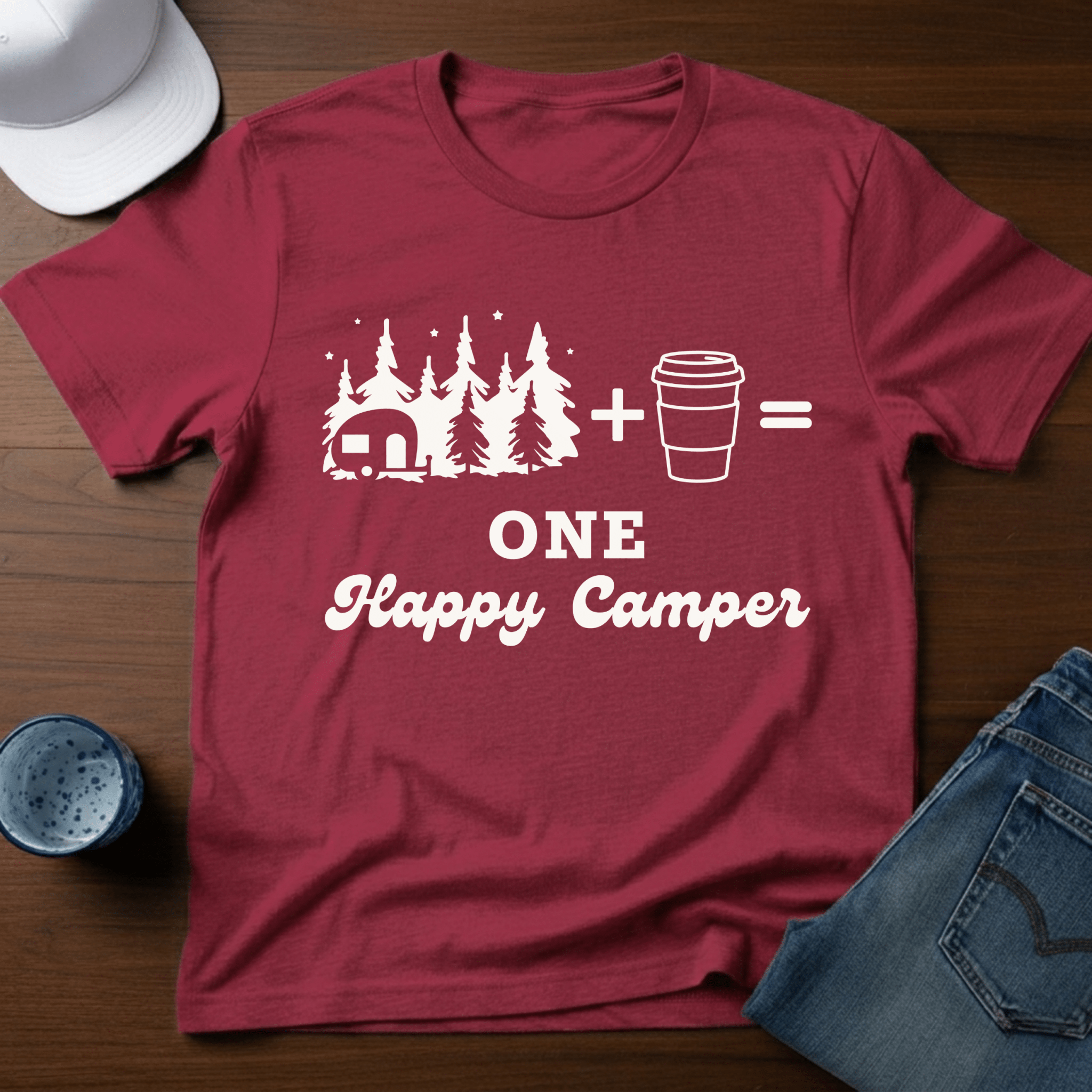 Trailer In Trees + Coffee=One Happy Camper T-Shirt - Deadpan Outdoors Co.