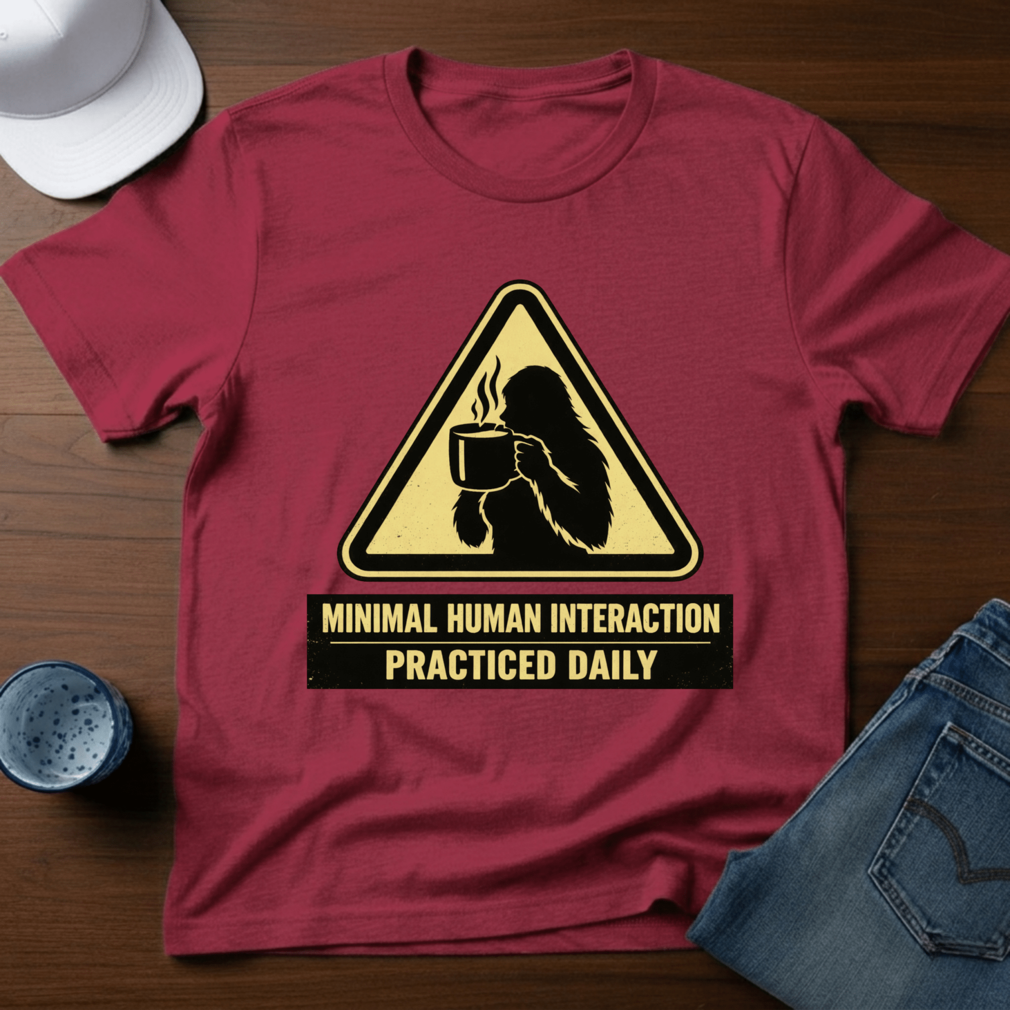 Minimal Human Interaction Practiced Daily - Female Bigfoot T-Shirt - Deadpan Outdoors Co.