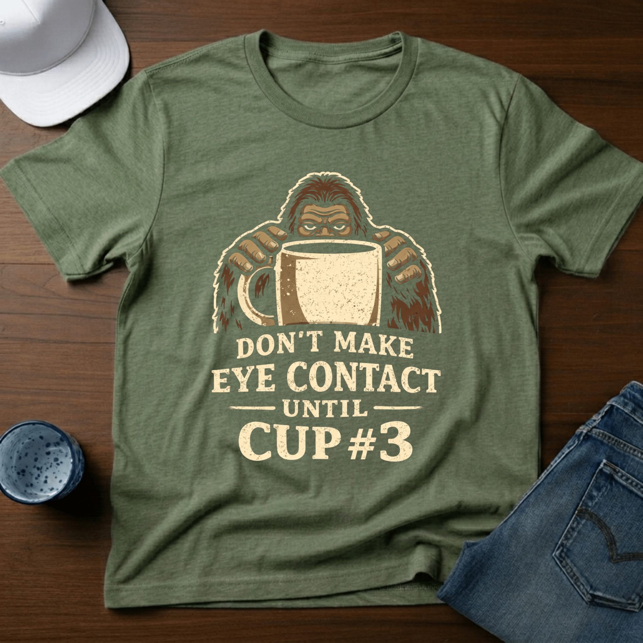 Don't Make Eye Contact Until Cup 3 T-Shirt - Deadpan Outdoors Co.