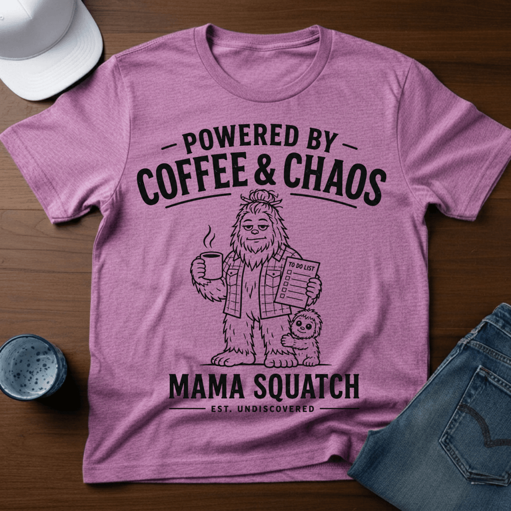 Powered By Coffee & Chaos - Mama Squatch T-Shirt - Deadpan Outdoors Co.