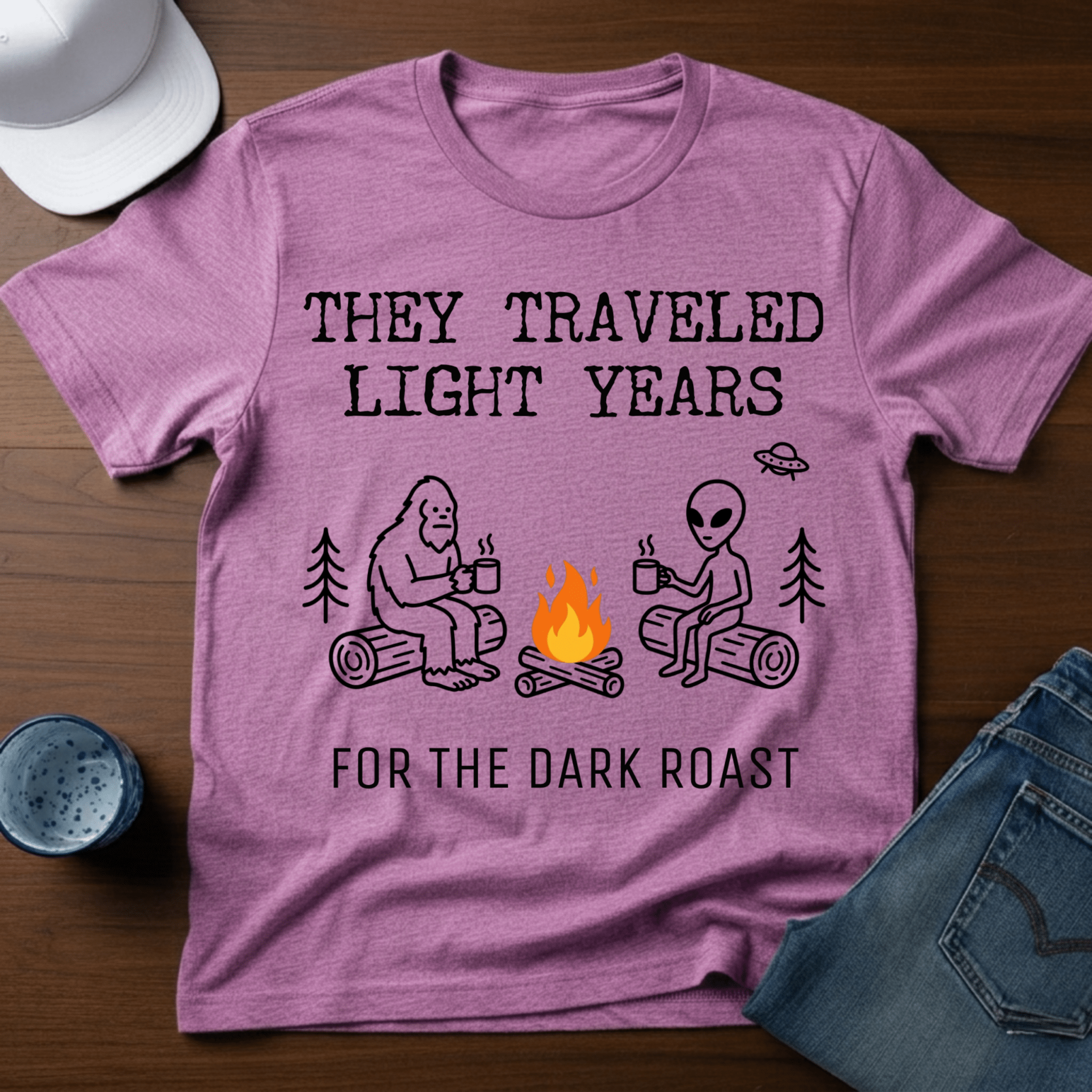 They Traveled Light Years - For The Dark Roast T-Shirt - Deadpan Outdoors Co.