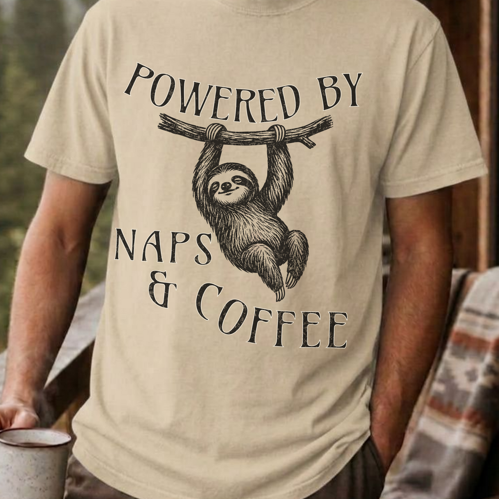 Funny Sloth Coffee Shirt, Powered By Naps and Coffee Tee, Sloth Lover Gift, Sarcastic Coffee Lover Gift for Her, Lazy Day Shirt