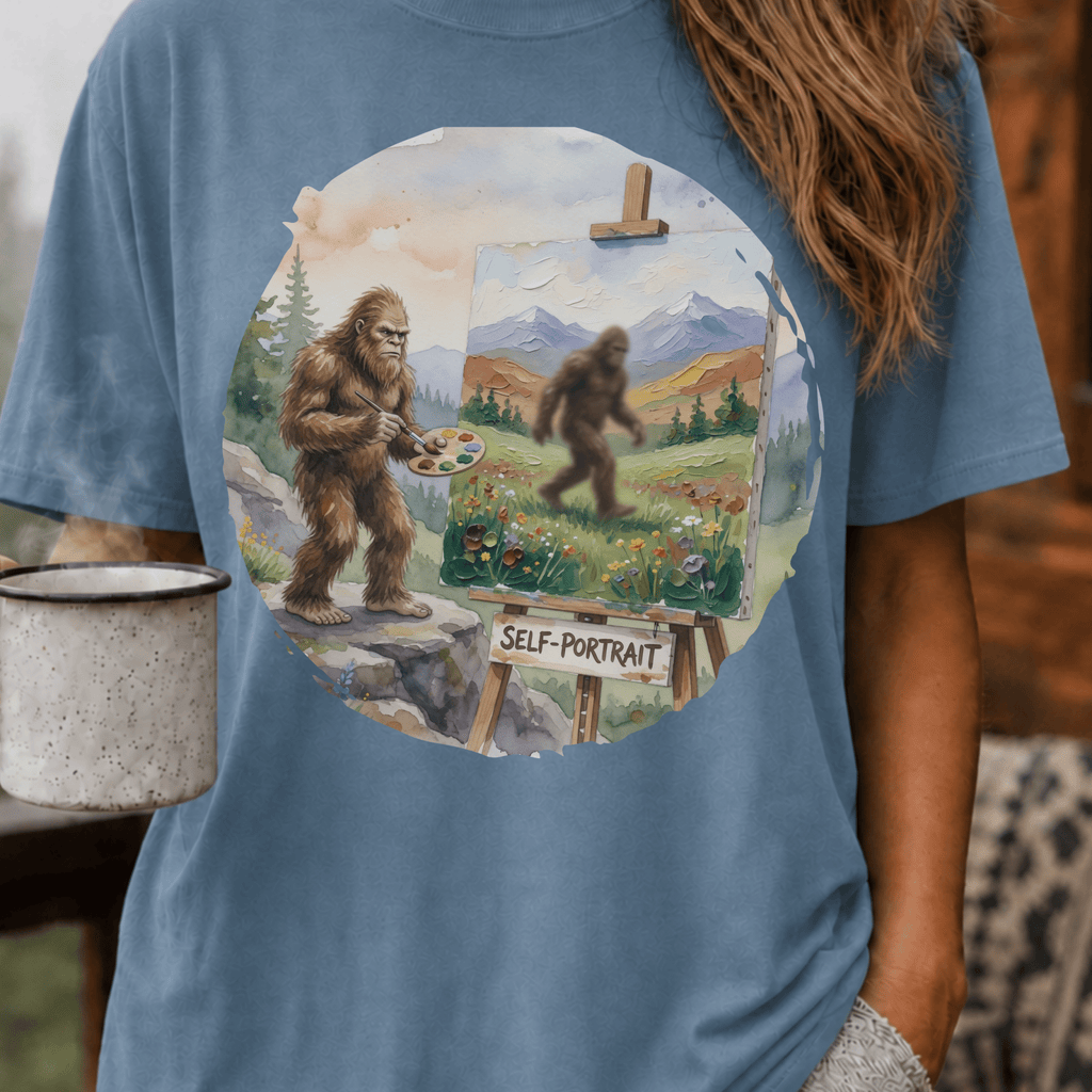 Bigfoot Self Portrait Shirt, Funny Sasquatch Watercolor Tee, Cryptid Lover Gift, Blurry Bigfoot Humor Shirt, PNW Sasquatch Tee - Deadpan Outdoors Co.