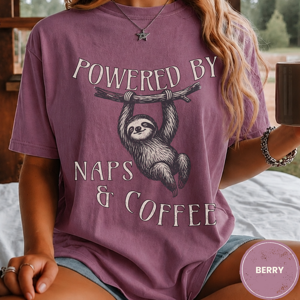 Funny Sloth Coffee Shirt, Powered By Naps and Coffee Tee, Sloth Lover Gift, Sarcastic Coffee Lover Gift for Her, Lazy Day Shirt