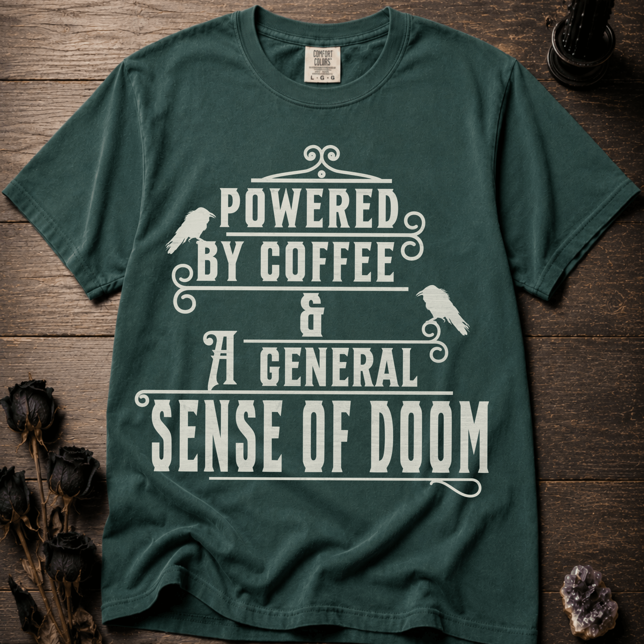 Powered By Coffee and Doom Shirt, Funny Goth Coffee Tee, Dark Humor Coffee Lover Gift, Sarcastic Coffee Shirt, Existential Dread Tee - Deadpan Outdoors Co.