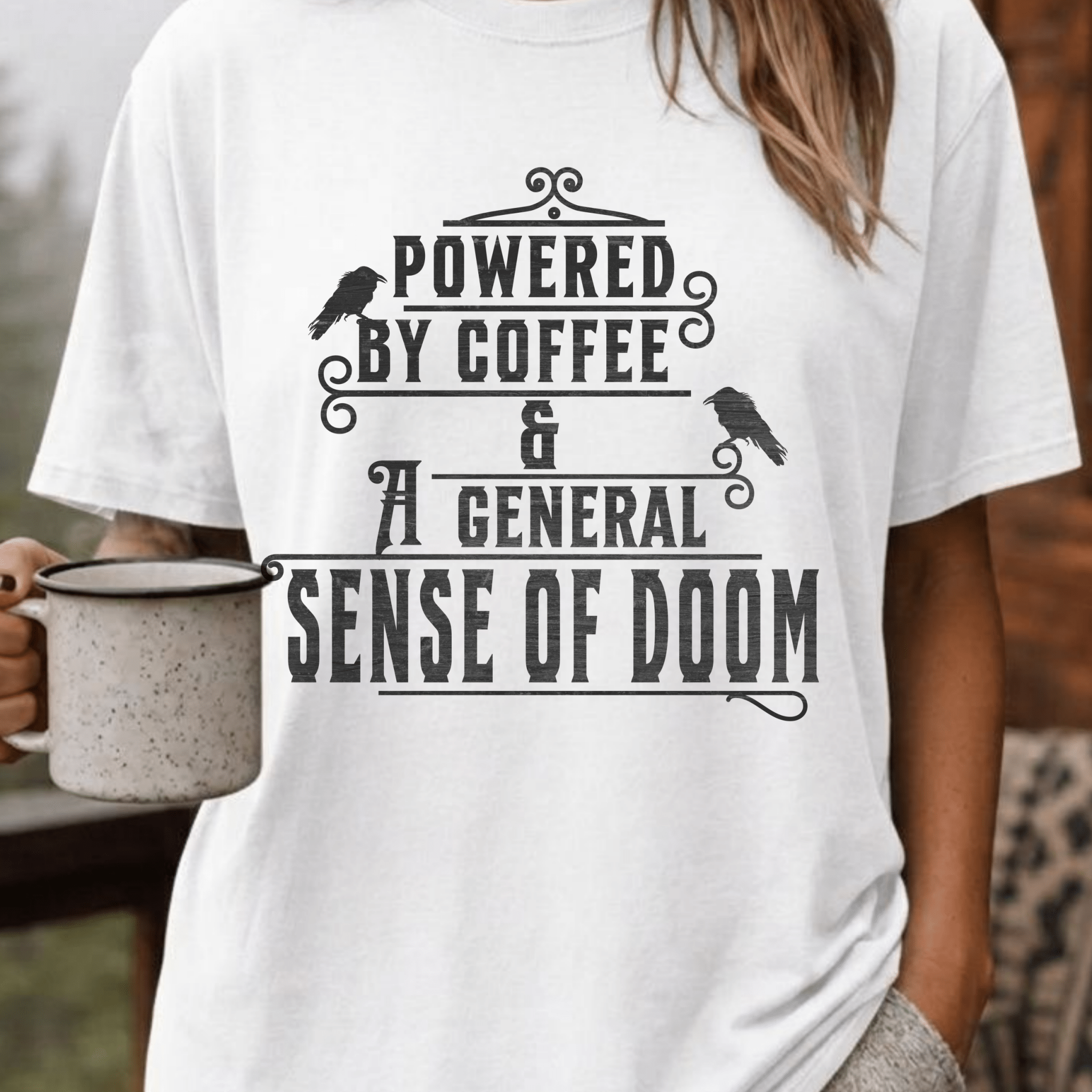 Powered By Coffee and Doom Shirt, Funny Goth Coffee Tee, Dark Humor Coffee Lover Gift, Sarcastic Coffee Shirt, Existential Dread Tee - Deadpan Outdoors Co.