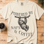 Funny Sloth Coffee Shirt, Powered By Naps and Coffee Tee, Sloth Lover Gift, Sarcastic Coffee Lover Gift for Her, Lazy Day Shirt