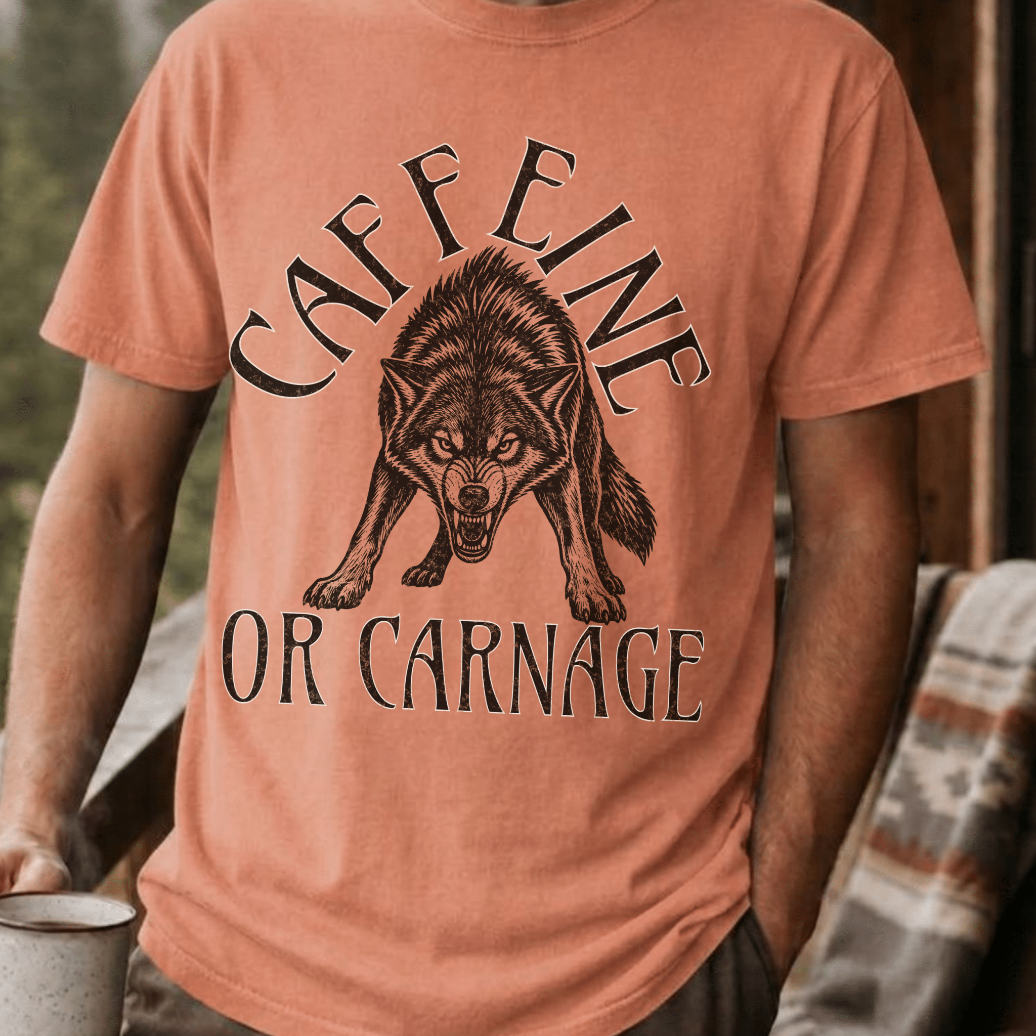Funny Wolf Coffee Shirt, Caffeine or Carnage Tee, Sarcastic Coffee Lover Gift for Him, Wolf Lover Shirt, Not a Morning Person Gift - Deadpan Outdoors Co.