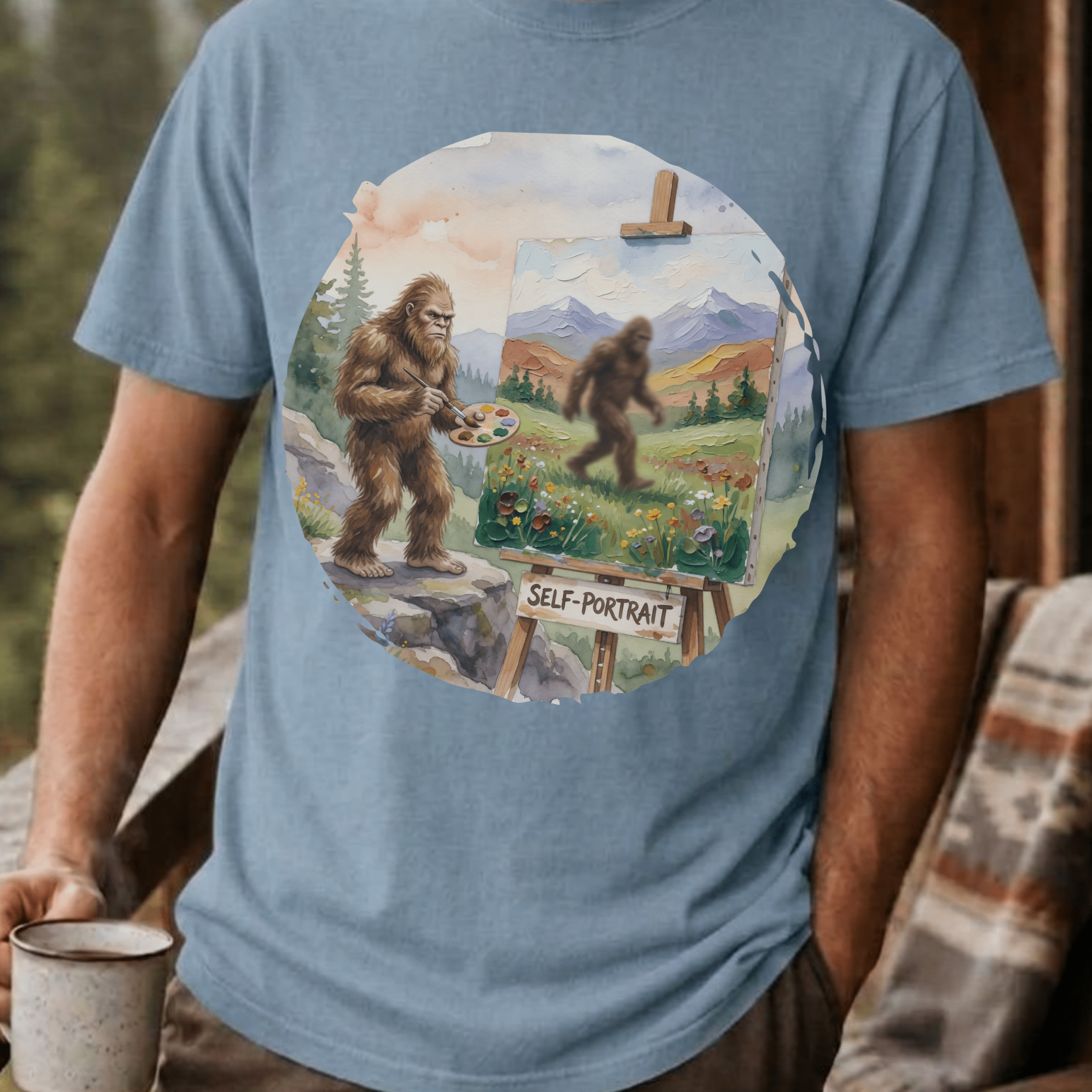 Bigfoot Self Portrait Shirt, Funny Sasquatch Watercolor Tee, Cryptid Lover Gift, Blurry Bigfoot Humor Shirt, PNW Sasquatch Tee - Deadpan Outdoors Co.