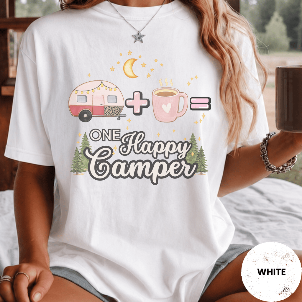 Comfort Colors® Trailer Plus Coffee Equals One Happy Camper Tee - Deadpan Outdoors Co.