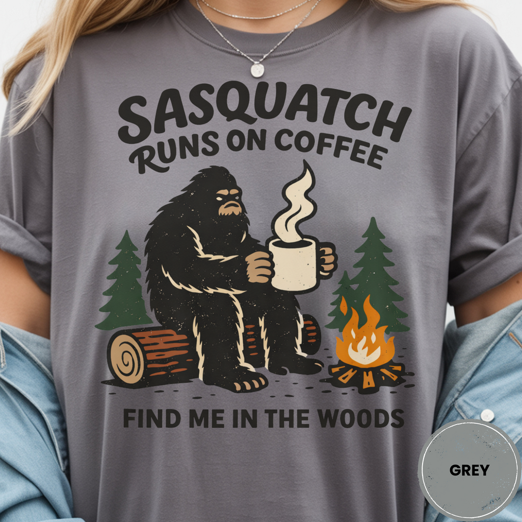 Sasquatch Runs On Coffee Shirt, Funny Bigfoot Camping Tee, Coffee Lover Bigfoot Gift, Campfire Sasquatch Shirt, Outdoors Coffee Gift