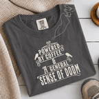 Powered By Coffee and Doom Shirt, Funny Goth Coffee Tee, Dark Humor Coffee Lover Gift, Sarcastic Coffee Shirt, Existential Dread Tee - Deadpan Outdoors Co.