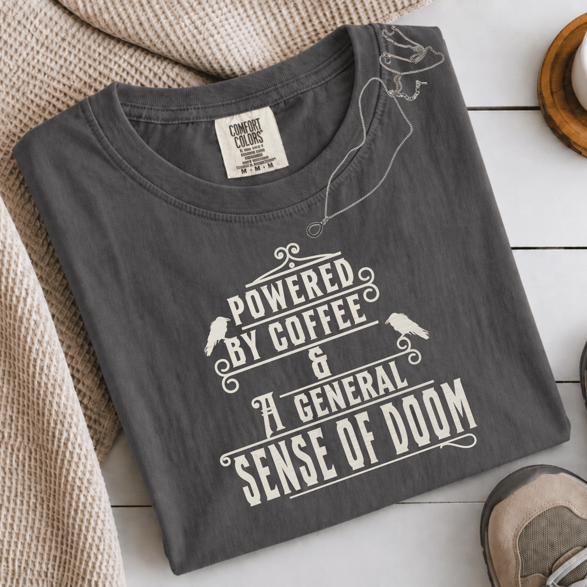 Powered By Coffee and Doom Shirt, Funny Goth Coffee Tee, Dark Humor Coffee Lover Gift, Sarcastic Coffee Shirt, Existential Dread Tee - Deadpan Outdoors Co.