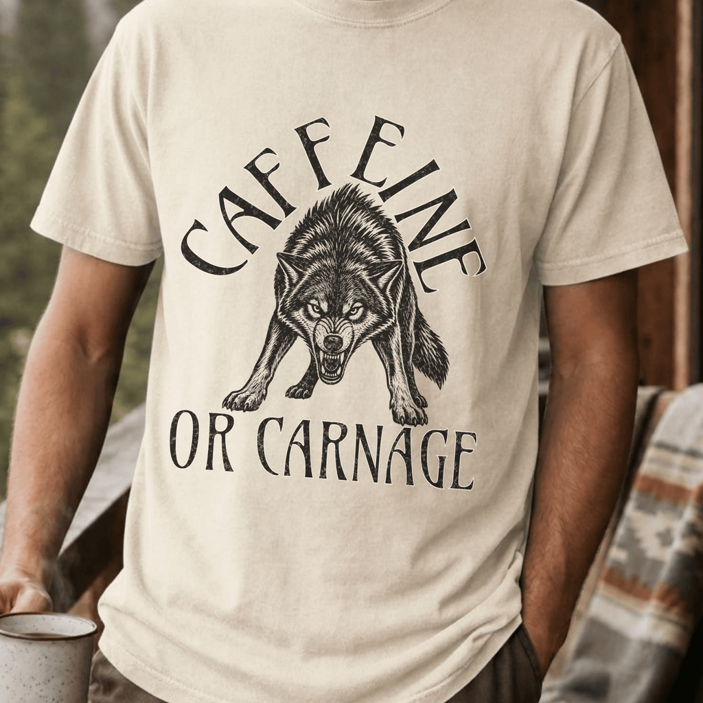 Funny Wolf Coffee Shirt, Caffeine or Carnage Tee, Sarcastic Coffee Lover Gift for Him, Wolf Lover Shirt, Not a Morning Person Gift - Deadpan Outdoors Co.