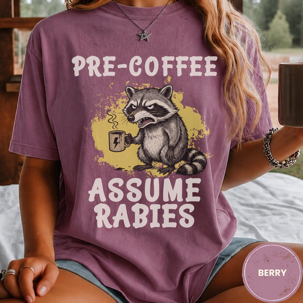 Pre-Coffee Assume Rabies Shirt, Funny Raccoon Coffee Tee, Feral Coffee Addict Gift, Sarcastic Morning Humor Shirt, Trash Panda Tee