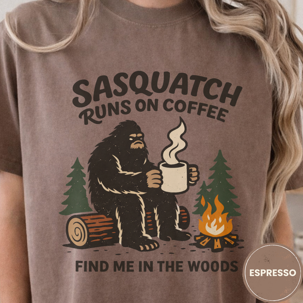 Sasquatch Runs On Coffee Shirt, Funny Bigfoot Camping Tee, Coffee Lover Bigfoot Gift, Campfire Sasquatch Shirt, Outdoors Coffee Gift