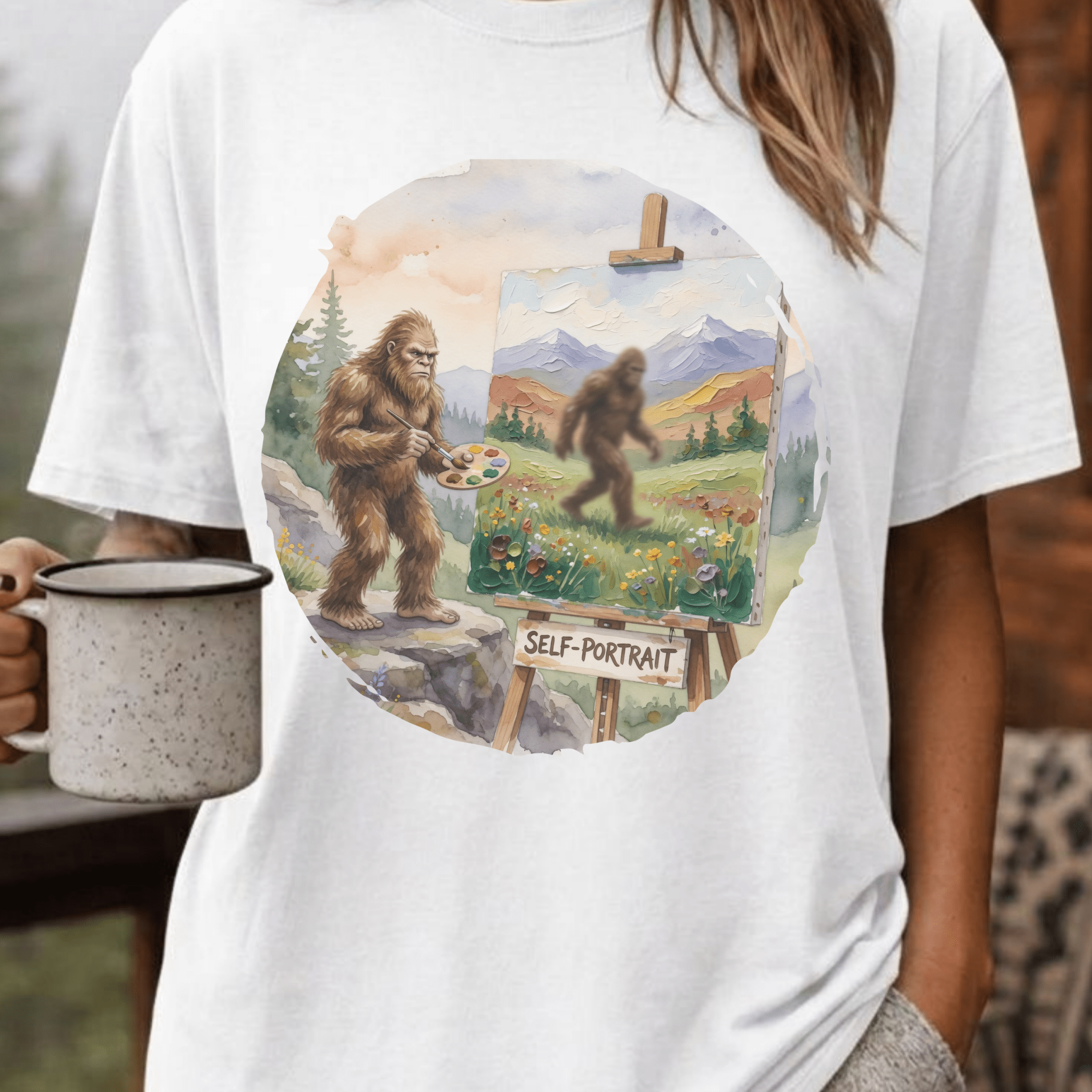 Bigfoot Self Portrait Shirt, Funny Sasquatch Watercolor Tee, Cryptid Lover Gift, Blurry Bigfoot Humor Shirt, PNW Sasquatch Tee - Deadpan Outdoors Co.