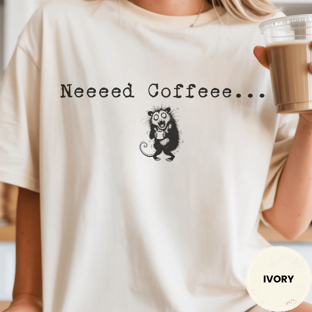Funny Possum Coffee Shirt, Need Coffee Shaky Possum Tee, Caffeine Addict Gift, Sarcastic Coffee Lover Gift, Tired Mom Coffee Shirt - Deadpan Outdoors Co.
