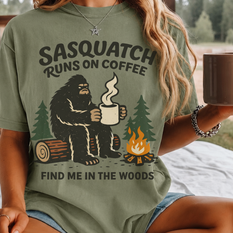 Sasquatch Runs On Coffee Shirt, Funny Bigfoot Camping Tee, Coffee Lover Bigfoot Gift, Campfire Sasquatch Shirt, Outdoors Coffee Gift