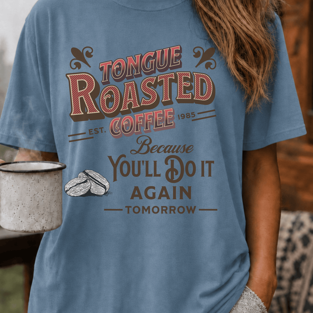 Tongue Roasted Coffee Shirt, Funny Vintage Coffee Tee, Retro Coffee Roaster Logo Shirt, Coffee Lover Gift, Sarcastic Coffee Tee - Deadpan Outdoors Co.