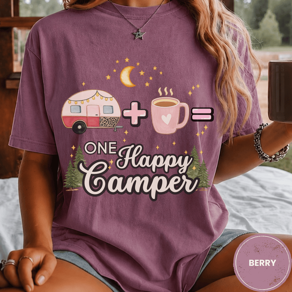 Comfort Colors® Trailer Plus Coffee Equals One Happy Camper Tee - Deadpan Outdoors Co.