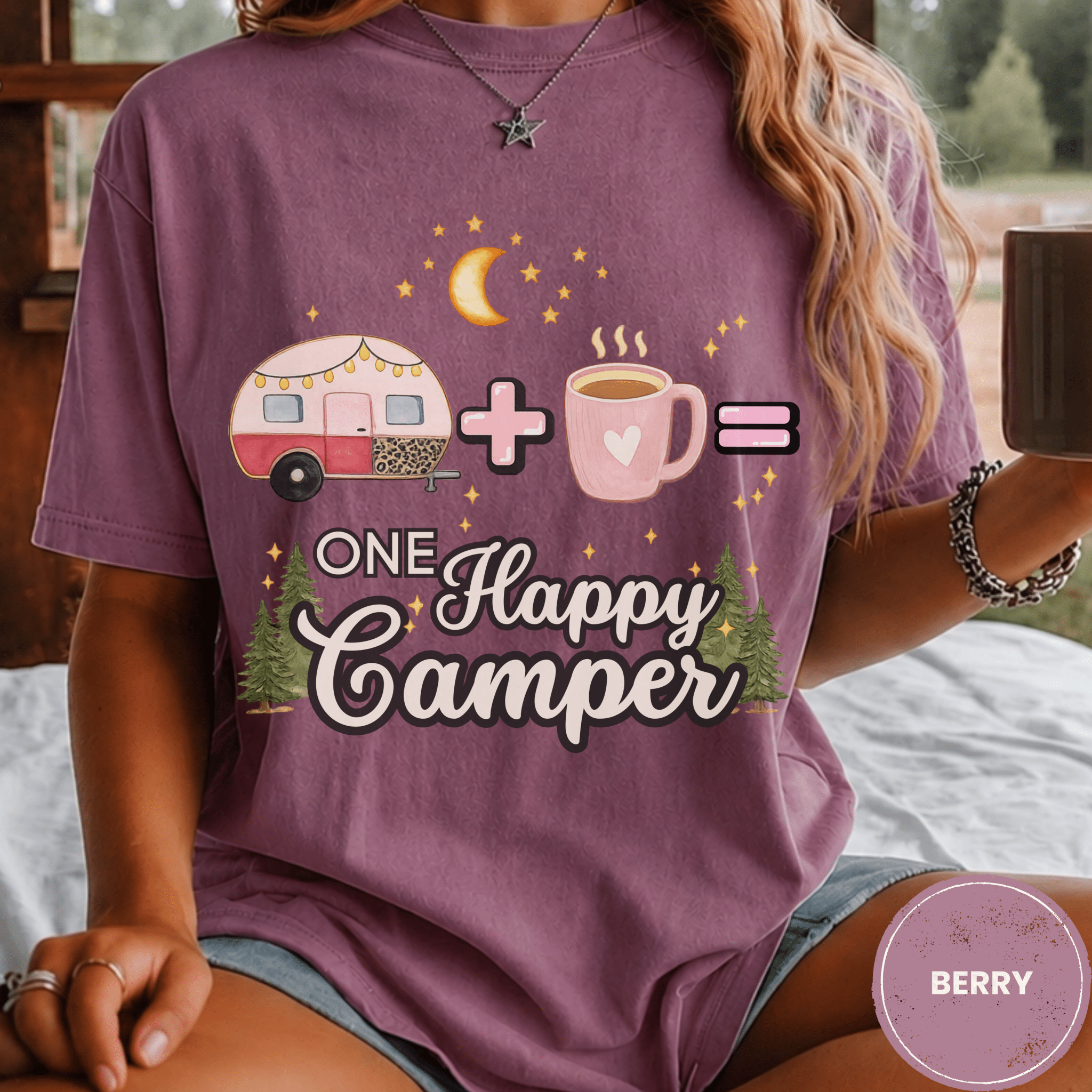 Comfort Colors® Trailer Plus Coffee Equals One Happy Camper Tee - Deadpan Outdoors Co.